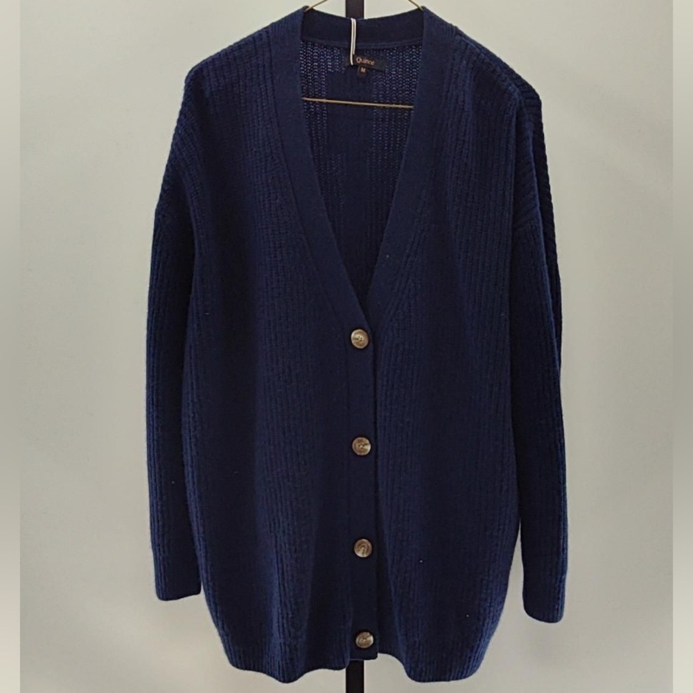Quince Mongolian Cashmere Boyfriend Cardigan Sweater Medium Navy NWOT